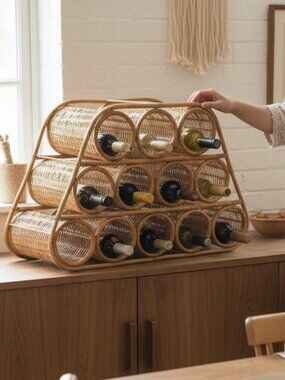 Wicker Wine Rack 12 Bottle Vintage 70s Ratan Bohemian Organizer Kitchen Storage